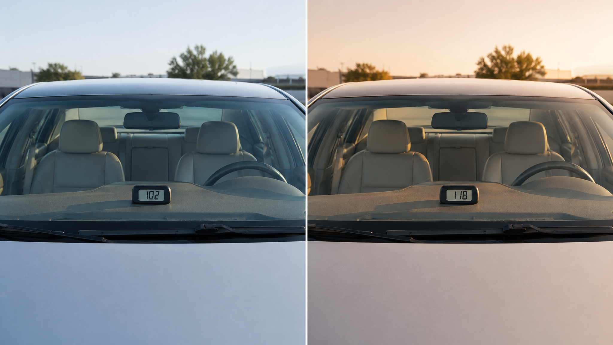 Two identical sedan dashboards side by side with infrared thermometers showing 102°F (left) and 118°F (right)