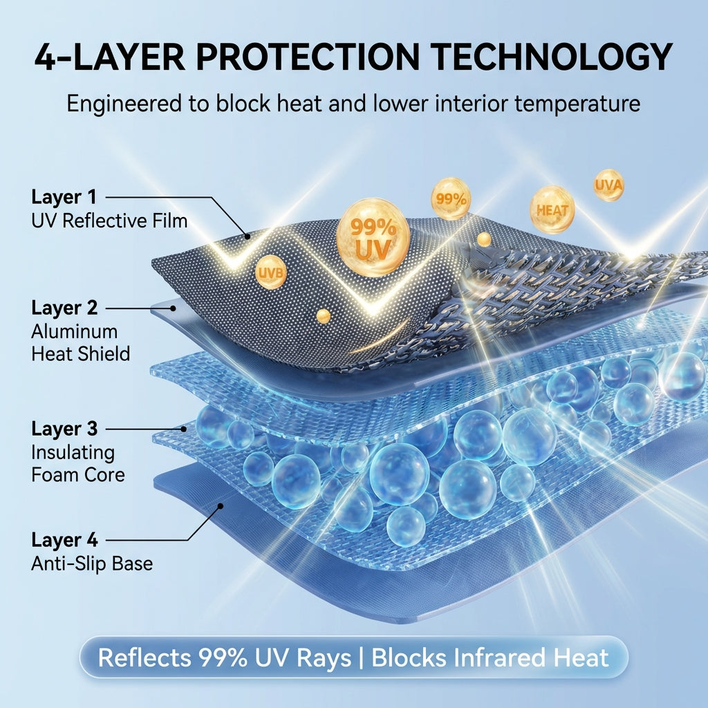 4-layer sunshade material cross-section showing UV reflective coating, aluminum heat shield, insulating foam core, and anti-slip base