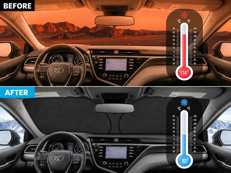 Camry interior before vs after Proadsy sunshade — 114°F vs 80°F