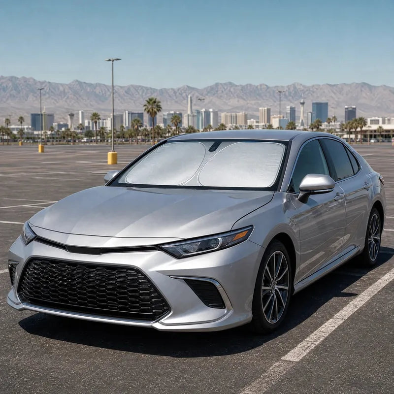 Camry parked in summer desert with Proadsy sunshade